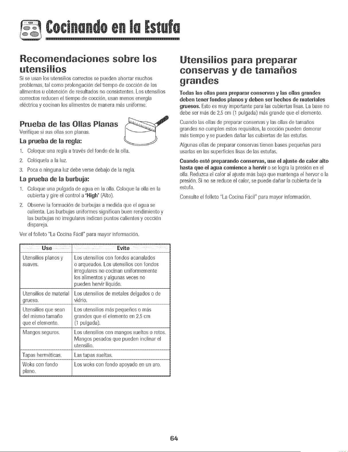 culaque puedemancharla
cubierta despu6squeel _rease calienta.
, Si se contin0acocinandosobreuna superficiesuciase puede/
podr_producir una manchapermanente.
Para evitar otros dafios
, No dejequeen Ia cub+ertacalientese derritan pl_sticos,az{icaro
alimentoscon alto contenidode az_icar.Si estosucede,limpie
inmediatamente.(VerLimpieza,p_gina77y
, Nunea dejeque una olla hiervahastaquedarsecapuesesto
dafiar_ lasuperficiey el utensilio.
, Blunca use Ia cubiertacomouna superficiede trabajo ni comouna
tabla de cortar.
+ BJmlca cocine alimentos directamente sobre la cubierta.
, No use un utensiliopequefio en un elementogrande. Estono s01o
desperdiciaenergiasino que tambi6npuedenproducirsederrames
calientessobre Jacubiertalos cualesrequierenlimpiezaadicionaI.
, No use utens+Iiosespecialesque nosean pianos,detamaiio mayor
o desniveladostal como la parteinferior redondade loswoks,con
rondos acanaladosy/o parrilJasy ollasde gran tamafio para
prepararconservas.
, No use aluminio nJcontenedoresde papelde aluminio. El
aluminio se puedederretir en Ia cubiertade vidrio cer4mico.Siel
metalse derrite en la cubierta,no use laestufa. Llame aun
t6cnico autorizadode Maytag.
63
![background