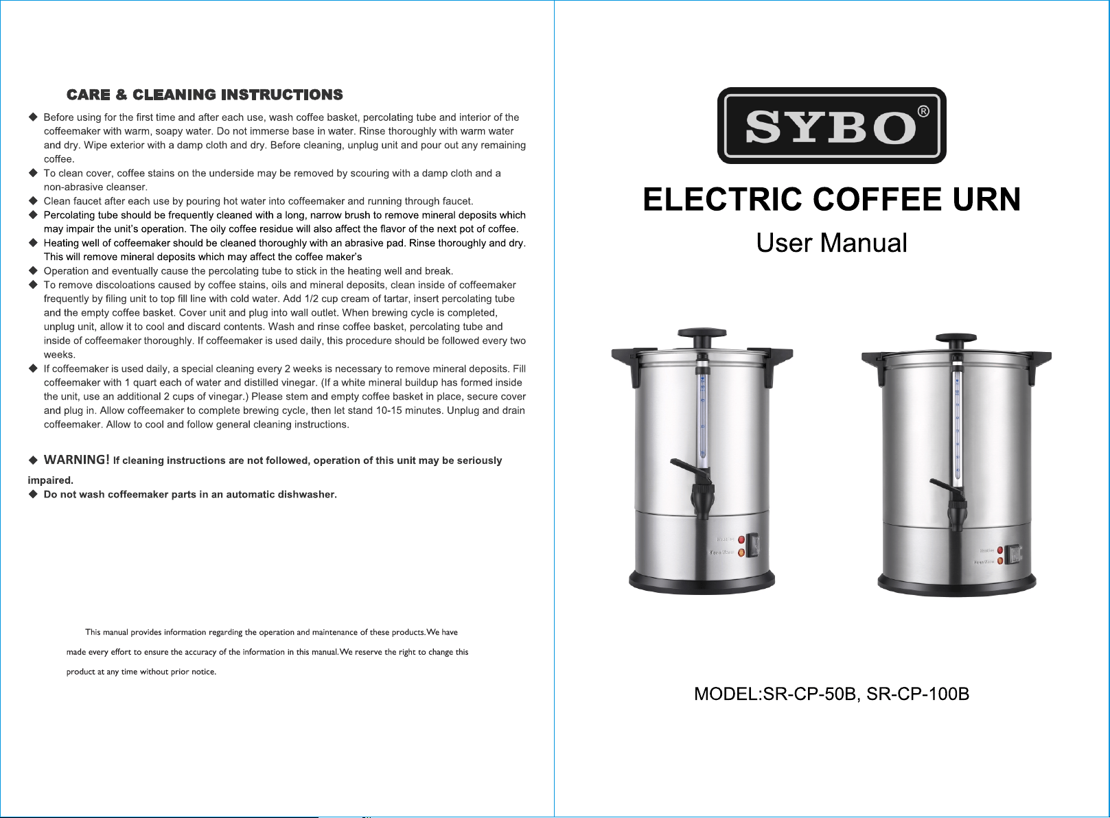 SYBO SR-CP100C Percolate Coffee Maker Hot Water Urn 110-Cup Capacity