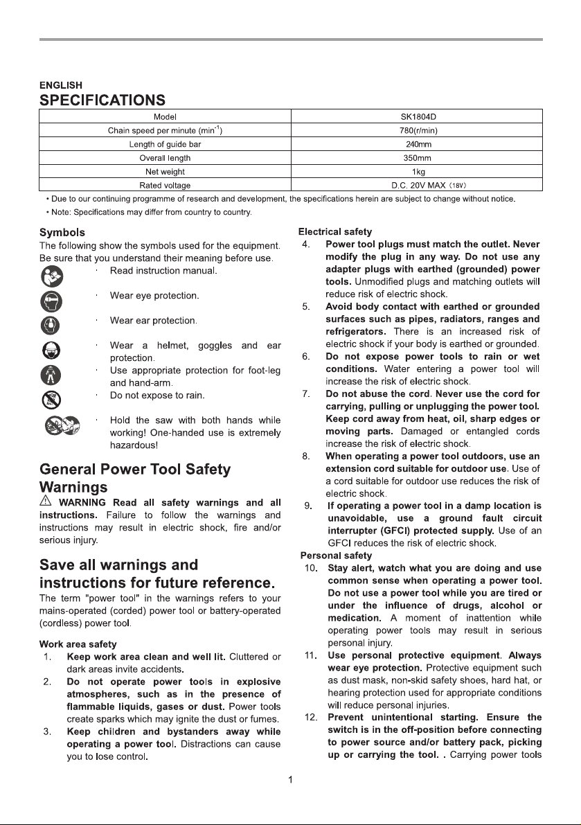 Saker SK1804DPT02-U Mini Electric Chainsaw Instruction Manual - Page 2/17